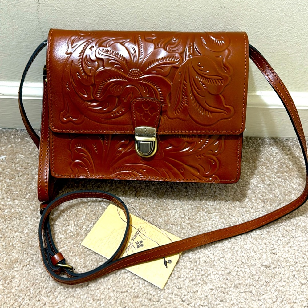 NWT Patricia Nash Floral Embossed Genuine Leather Brown Crossbody Bag